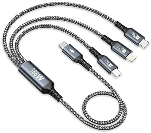 GIANAC 100 W USB C till multi USB-laddningskabel, kort 50 cm, 3-i-1 snabbladdningskabel med E-Mark Chip multi-laddningskabel USB C[100W] Micro[10W] Lightning[27W] för iPhone 15, iPad Pro, MacBook