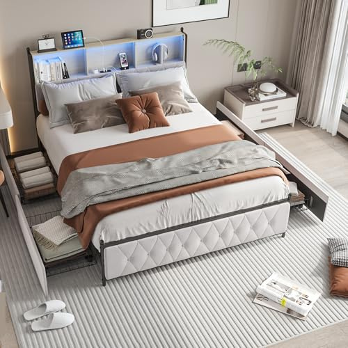 Säng 160 x 200 med LED- och USB-underlag, 2-personers säng med 4 stora lådor vadderad dubbelsäng, sänghuvud, med förvaring för vuxna och tonåringar, sammet (utan madrasser) (beige, 160 x 200 cm)