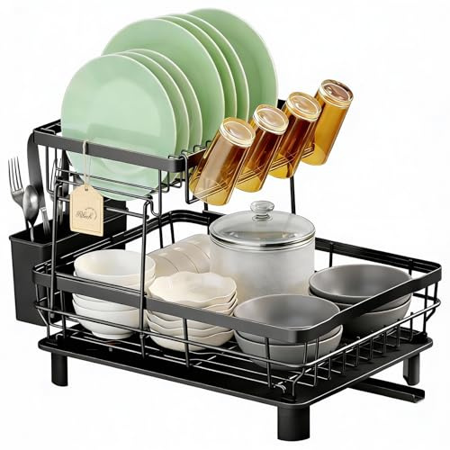 Ribech Scolapiatti a 2 Livelli per Lavello, Ideale per Stoviglie e Tazze, in Acciaio Inossidabile con Portabicchieri e Portautensili, Set Completo con Tappetino Antiscivolo, Nero
