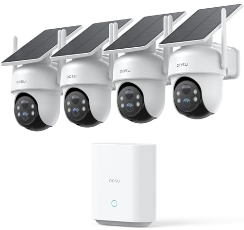 aosu 2K Camera Surveillance WiFi Exterieure sans Fil Solaire, 4 Cam-Kit avec aosuBase, sans Abonnement, 360° PTZ Suivi Automatique, Vision Nocturne en Couleur Alarme Lumineuse Sonore, 5G/2.4GHz Wi-FI