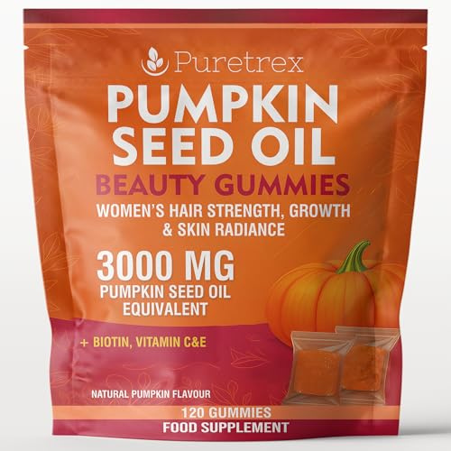 Pumpkin Seed Oil Beauty Gummies, 3000mg, Women's Hair Strength, Growth & Skin Radiance, with Biotin, Vitamin C & E, Natural Pumpkin Flavour, 120 Gummies
