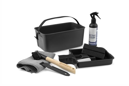 Husqvarna Automower Reinigungs- & Wartungs-Kit – komplettes Pflegeset mit Bürsten, Schraubendreher, Scheuerpad, Tuch & Kunststoffpflegespray für Mähroboter