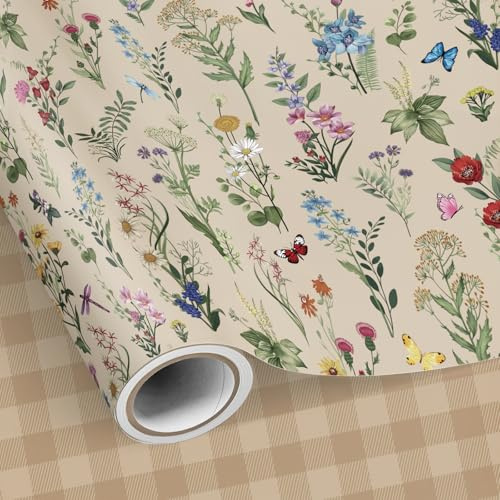 SHUCHING Vilda blommor presentpappersrulle - 43 cm × 10 m | Presentpapper med bruna plattor, kvinnor, flickor, bröllop, alla hjärtans dag, fest