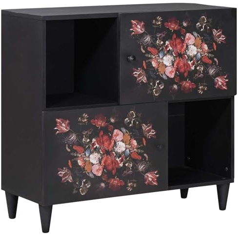 Mangloder flerfärgad skänk av massivt trä mango 80 x 33,5 x 75 cm med blommigt mönster, mässingsknappar, 2 dörrar, förvaringsutrymme för vardagsrum, hemmabio och spel