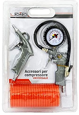KOMBO – Kit de Accesorios para Compresor con 2 Pistolas de Aire (Soplado + Inflado con Manómetro) y Manguera Espiral 5 m – Universal, Compatible con Compresores de Aire