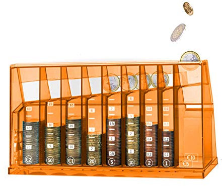 ECB Coin Sorter Euro Box for Office and Children's Rooms Available as a Gift for Adults and Children Also Made from Recycled Plastic Lockable (with Key) Transparent Colourful Orange - Recycled