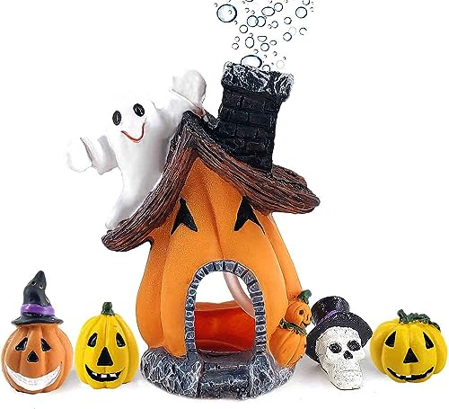 Ginfonr Exquisite Fish Hideout Pumpkin Aquarium Ornaments Ghost House, Fish Tank Air Bubbler Halloween Underwater Cave Decorations, for Hiding Spots Swim Play Rest for Fish, Reptiles, Amphibians
