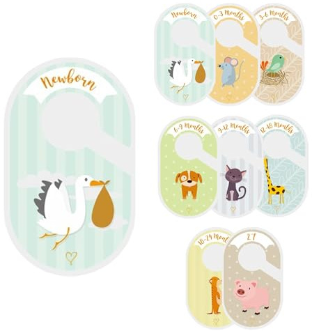 kidoo - Separador de Armario para Bebés - 8 Piezas - Organizador de Ropa Unisex de 0 a 24 Meses - Doble Cara de Cartón Resistente con Dibujos - Adaptables a Cualquier Percha (16,7 x 10 cm)