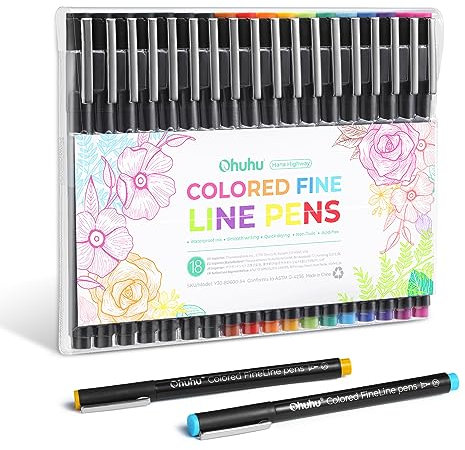 Fineliner Set 18er, Ohuhu 11 Fineliner Bunt & 6 Fineliner Schwarz mit 1 Brush Pen - Wasserfest Tuschestifte für Handlettering, Skizzieren, Schreiben, Künstlerische Illustration, Technisches Zeichnen
