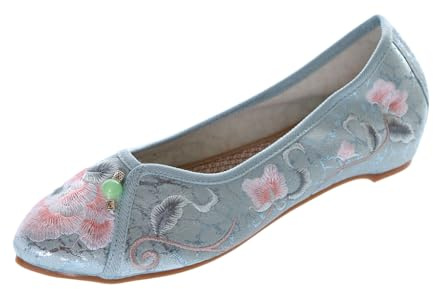 BJ-003 Turkos blå blommor broderade vintage Qipao ballerina platt kinesisk fritid tygskor tofflor pumps halkfria, blå, 41 EU Schmal