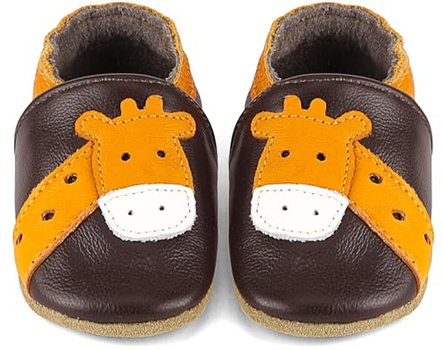 LACOFIA Baby Soft Leather Shoes Anti-Slip Soft Infant Boys Girls Slipper Crib Shoes First Walkers Brown Deer 12-18 Months