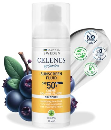 Celenes by Sweden Fluide Crème Solaire Touche Sèche SPF50+, Creme Solaire 50 Fini Mat - Soins Pour Le Visage Pour Protection UV, Creme Solaire Visage Sans Parfum—Résistant à l'Eau, Crème Solaire 50 ml