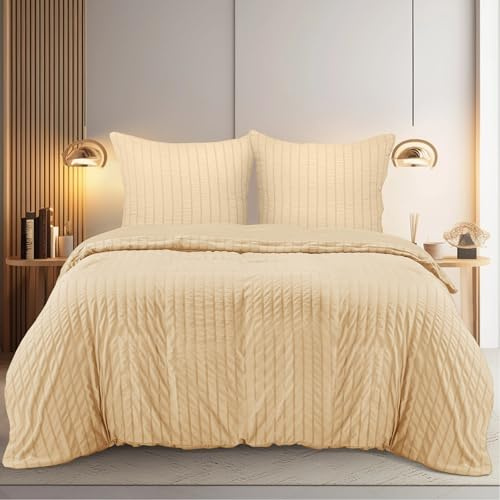 Utopia Bedding Seersucker Påslakanset - Mjukt Påslakan av Polyester med Mikrofiber 200x200 cm Med 2 Örngott 80x80 cm - Beige