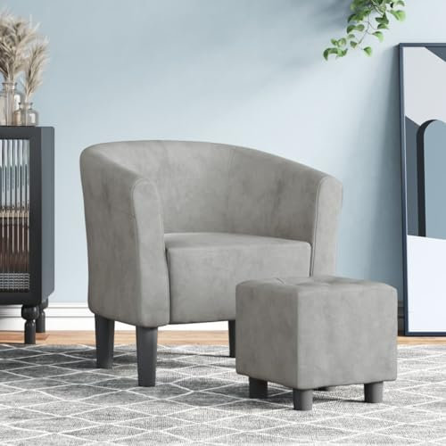 Myheimly Clubsessel, Sessel mit gepolstertem Sitz Armlehnen, Cocktailsessel mit Holzgestell, Loungesessel Relaxsessel Polstersessel, Samt Clubsessel Hellgrau,Mit Fußhocker