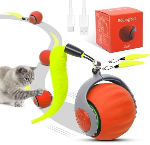 RuiDay Palla Interattiva per Gatti, Pallina Gatto Automatica, Giochi per Gatti Interattivi, Giochi per Gattis, 3 Modalità di Lavoro, Coda Sostituibile (Arancia-1pcs)