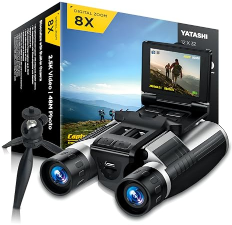 Binoculars with Camera Built in – 12x32 HD Zoom, 2 LCD Display, 48MP Photos & 2.5K Video, Ideal for Bird Watching, Concerts & Outdoor Adventures, Includes 32GB SD Card & Tripod