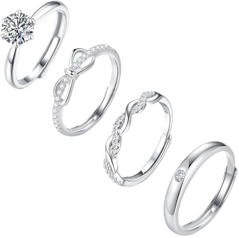 sawyofu Sterling Silver Adjustable Rings For Women 4pcs Cubic Zirconia 925 Silver Plated Wedding Stacking Rings Sets For Women Jewellery