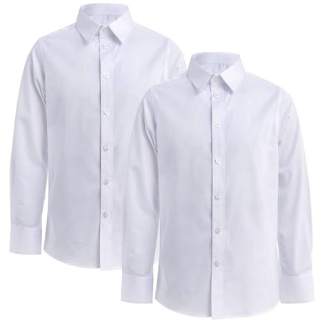 InfiniZer 2 Pack White Long Sleeve School Shirts Boys Cotton Button Down Dress Shirts Blouses (UK, Age, 9 Years, 10 Years, Regular, White)