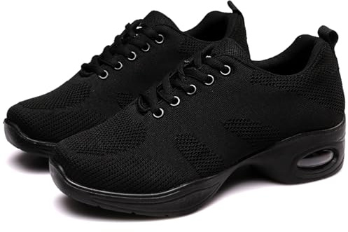 Hiuzylqx Dam Jazzdansskor Snörning Mesh Danssneakers Casual Luftkudde Platå Promenadskor Latin Ballroom Skor,Black,35 EU