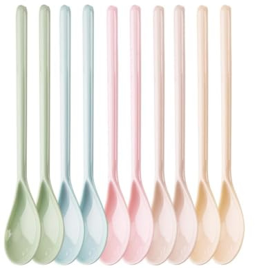 Nilioyul Cucchiaio in plastica, 10 pezzi, colore lungo, in plastica, anti-goccia, manico lungo, per marmellata, cucchiai da zuppa riutilizzabili, per caffè, miele, uova, yogurt, gelato