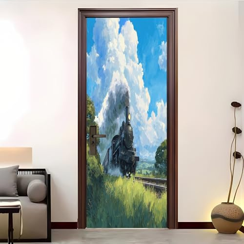 3D Türaufkleber Vintage Zug Tür bekleben mit Türtapete Türposter Türfolie Selbstklebend 80x210 cm Tür verschönern PVC Wasserdicht Abnehmbar GrüNTürfolie TürPoster