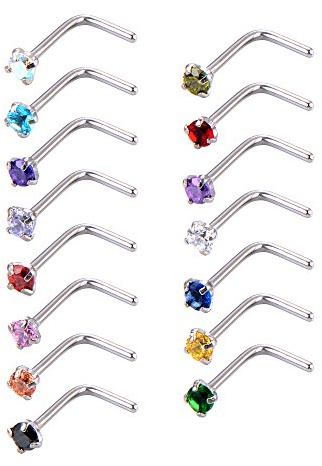 Mudder 15 Pieces 20 Gauge l Shaped Nose Ring Curved Cubic Zirconia Nose Studs Bend Bar Piercing Jewellery for Women Men 15 Colors
