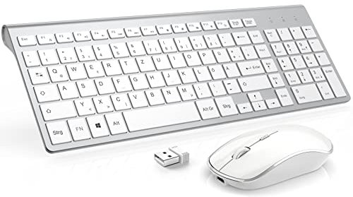 JOYACCESS Tastatur Maus Set Kabellos, 2.4G Kabellose Tastatur mit 2400DPI Funkmaus Wiederaufladbar Kombi für PC, Laptop, Smart TV, QWERTZ Deutsches Layout, Weiß und Silber