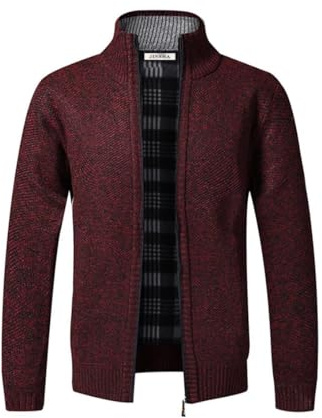 Jinsha Cardigan da Uomo Lavorato a Maglia, con Cerniera Intera, Caldo Maglione Invernale Foderato in Pile(Wine Red L)