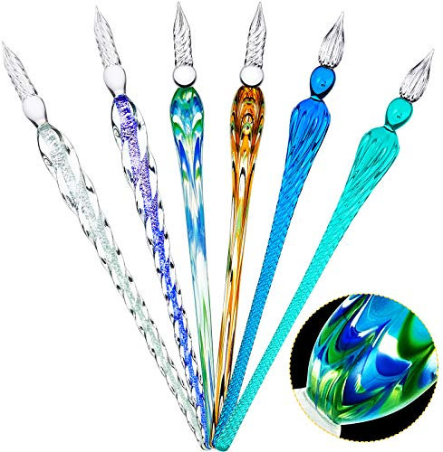 Zonon 6 Pieces Handmade Glass Dip, Crystal Glass Signature Calligraphy Vintage Dip Ink Pen Borosilicate Present Pen for Writing Drawing Decoration(Stylish Color,Bright Style)
