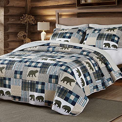 UMCHORD Juego de edredón Queen, Patchwork rústico Lodge Deer, Juego de Ropa de Cama para Todas Las Estaciones, Colcha Reversible Ligera con 2 Fundas de Almohada (Queen)