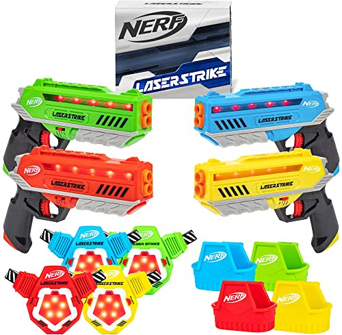 NERF Laser Strike 4 Player Laser Tag Game Pack Complete with 4 300ft Range Blasters, 4 Target Vests & 4 Holsters - Indoor or Outdoor Play Arcade Games, Toys for Kids & Family