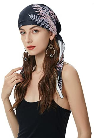 ZLYC Damen Chemo Turban Mütze Vorgebundenes Kopftuch Headwraps Leichte Hut (Blätter rosa schwarz)