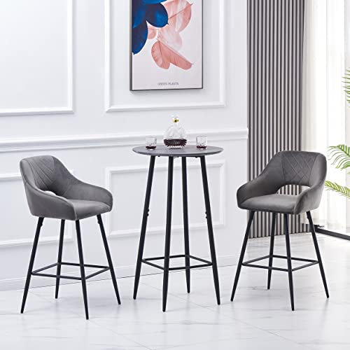 JaHECOME Barhocker Samt gepolsterter Bistrohocker mit Rückenlehne, Armlehne, schwarzen Metallbeine und Fußstütze für Bar, Küche, Tresen und Bistro (Samt, grau, 2)