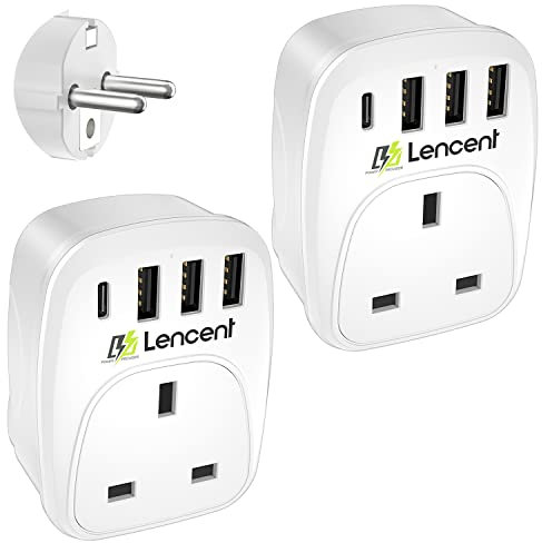LENCENT 2 Packs UK to EU Euro Europe Plug Adapter, Grounded European Travel Adapter with 3 USB Ports and 1 Type C Port for Germany Spain France Portugal Greece Russia Netherlands and more (Type E/F)