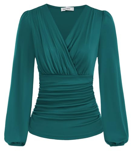 GRACE KARIN Donne Vintage Plissettato Camicie Maniche Lunghe Scollo a V Tinta Unita Top Slim Fit Plissé Top Tunica Estate Autunno Bluse Verde Chiaro L