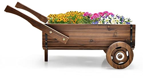 RELAX4LIFE Carretilla de Madera de Abeto con Asas y Ruedas Giratorios, Carrito de Flores Vintage para Jardín, Patio Trasero, Balcón, 81×40×38,5cm, Marrón