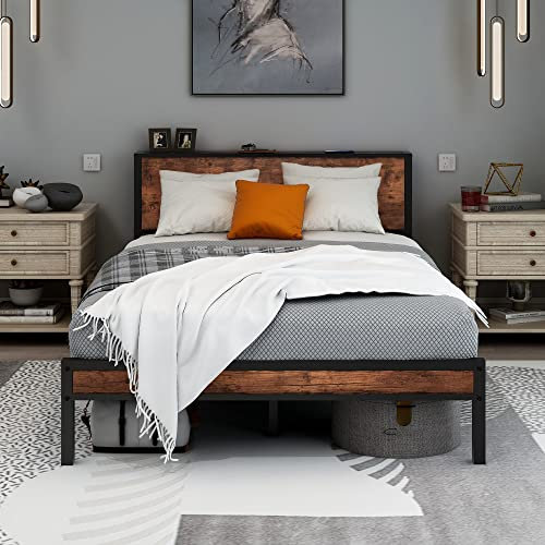 Diahomy Double Bed Frame Metal Platform Bed Frame with Wood Headboard/Mattress Base/Underbed Storage/No Box Spring Needed/Brown