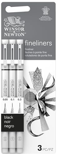 Winsor & Newton Fineliner - Set de 3 stylos fineliner calibrés, couleur noire, pointes 0.05, 0.1, 0.3