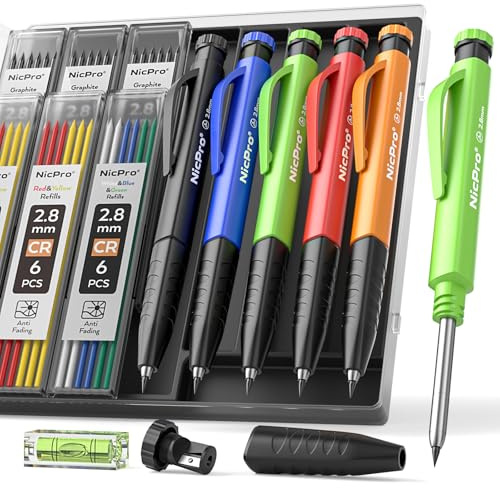 Nicpro 5 Pack Carpenter Pencil with Sharpener, Pencils for Construction | 41 Refill, 3-IN-1 Deep Hole Marker with Removable Finger Grip, Heavy Duty Woodworking Pencil for Architect Marking (5 Color)
