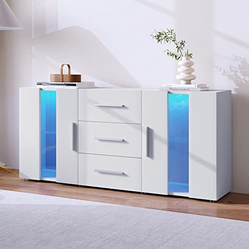 soges Panca TV, credenza, tavolo da consolle, cassettiere, credenze ad alta lucentezza con cassetto e armadio bianco con luce LED per sala da pranzo, soggiorno, cucina, 140 x 35 x 70 cm