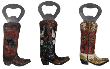 Ebros Gift Pack of 3 Assorted Colors And Styles Rustic Western Faux Leather Cowboy Boots Soda Beer Hand Bottle Cap Openers Tool Man Cave Cabin Lodge Country Accent Accessory