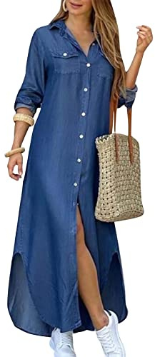 YMING Ladies Denim Print Dress Open Front Long Sleeve Dresses Maxi Long Shirt Dresses Denim M