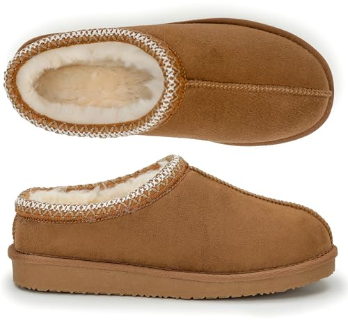 Polar Women’s Faux Suede Shearling Lined Slippers - Warm Memory Foam Indoor Outdoor Slip-On House Shoes with Aztec Trim - Non-Slip Sole for Winter Cosy Comfort - Chestnut - UK 3