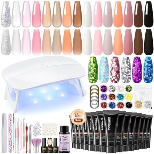 PEACECOLOR 42pcs Kit Uñas Acrilicas de Extensión con Lampara LED+U V 15 Colores Poly Uñas Gel Blanco Rosa Claro Negro Naranja Kit Uñas de Gel Completo para Principiantes