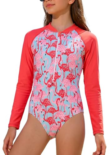 JiAmy Mädchen Badeanzug Kinder Langärmelig UV Schwimmanzug Einteilig Sommer Sportlich Rash Guards für 10-11 Jahre (Etikett:140)