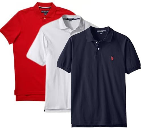 U.S. Polo Assn. Polo clásico para Hombre, Polo de piqué con Cierre de Dos Botones, Camisa de Golf de Moda de Verano, Azul Marino/Blanco/Rojo Motor clásico, Large