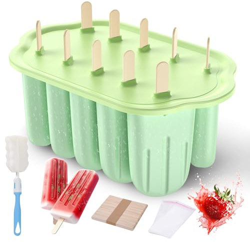 Stampi per Ghiaccioli in Silicone, Silicone Stampi per Gelato senza BPA, 10 Cavità Formine Ghiaccioli Riutilizzabili, Stampi per Ghiaccioli Spazzola per la Pulizia e Coperchio, per DIY Ghiaccioli