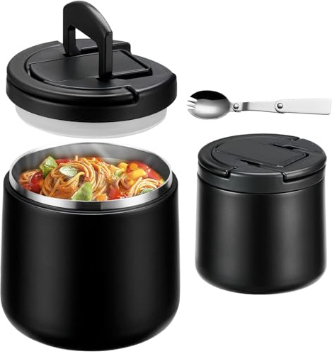 Itslife Thermobehälter für Essen 600ml, Warmhaltebehälter Essen Edelstahl mit Schnallendeckel und Löffel, Thermo Lunchbox Kinder Auslaufsicher, Essensbehälter für Picknick, Schulen und Büros, Schwarz