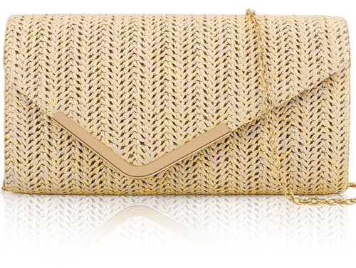 Larcenciel Sac de Plage Beige, Pochettes et Clutches Femme avec Chaîne Détachable Sac Paille Ete en Crochet, Pochette Bandoulière Femme Style Bohème pour Mariage, Vacances, Cocktail(22 x 11 x 4.5CM)