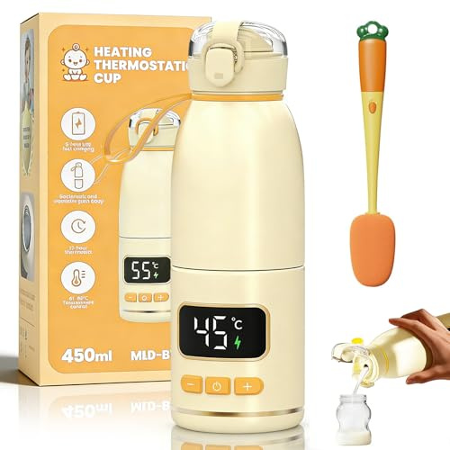 Babyflaskvärmare, snabbuppvärmning, läckagesäker nappflaskvärmare med batteriindikator, 37~55 °C, 15 000 mAh, flaskvärmare baby på vägen med rengöringsborste för resor, nattmatning